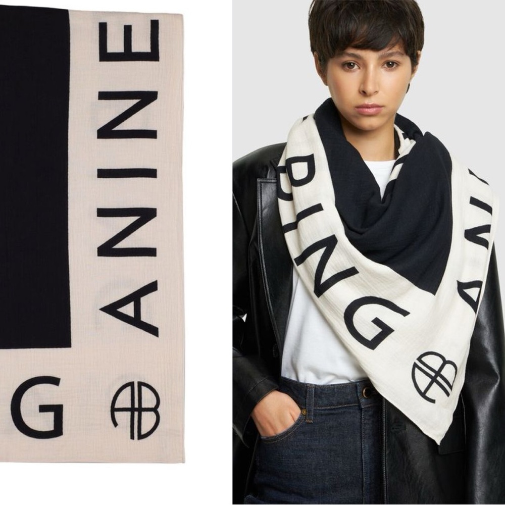 Anine Bing Praia Sarong Logo Cotton Scarf in Black and White